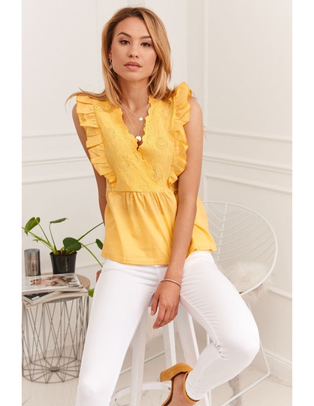 Women\'s summer blouse with embroidered front, yellow 87222 - Online store - Boutique